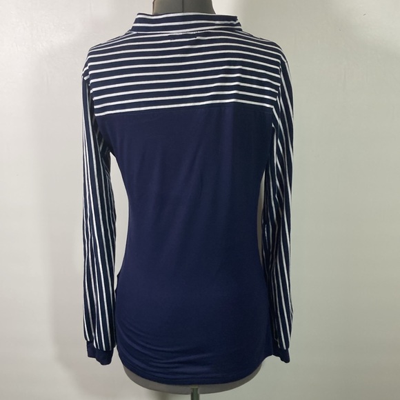 Zeagoo Top Women Size M Navy & White Stripes Long Sleeves High Neck w Tie - Picture 5 of 8